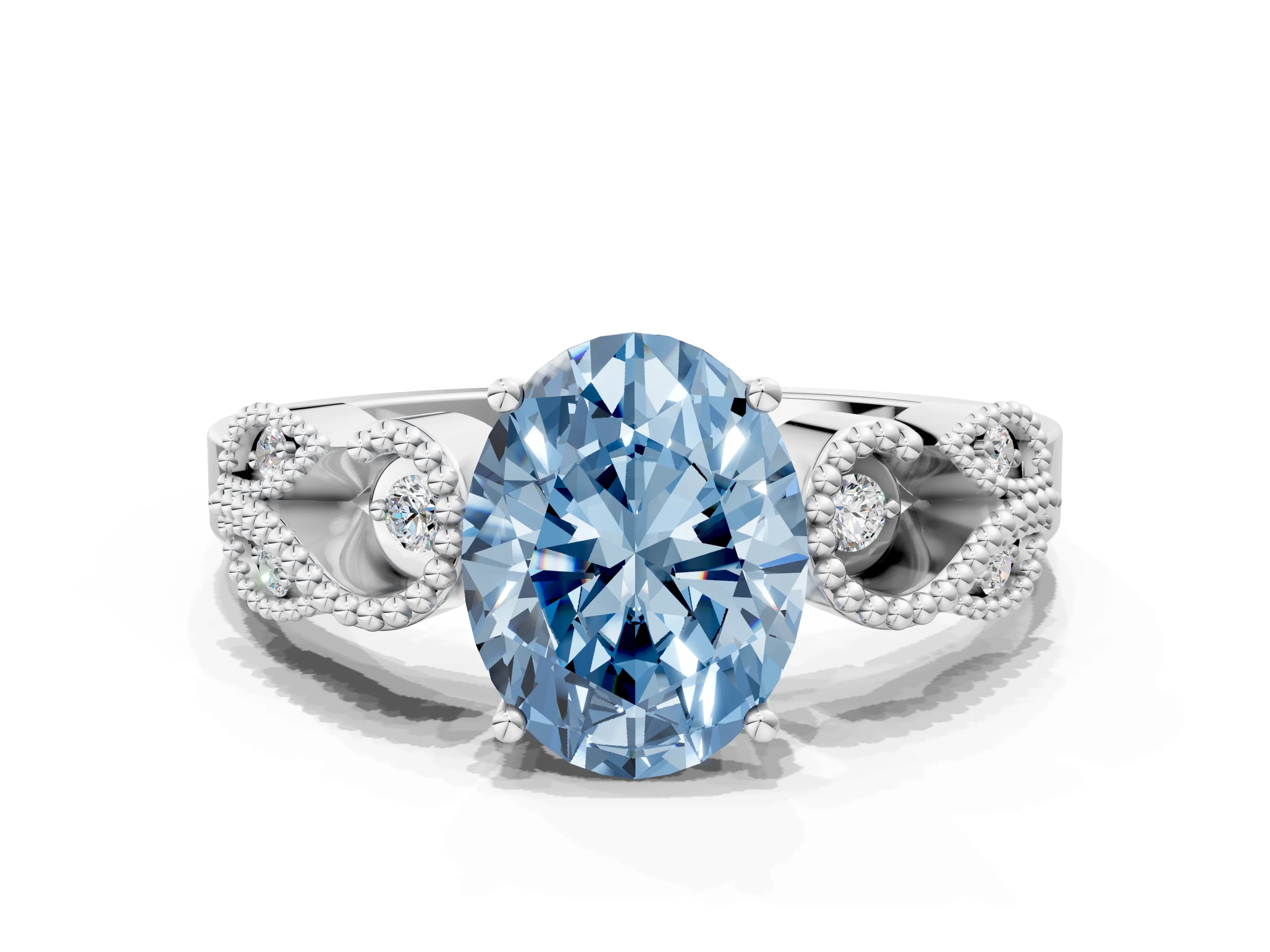White gold Fancy Blue Oval Cut Solitaire Milgrain Leaf Band with Prong Setting_12
