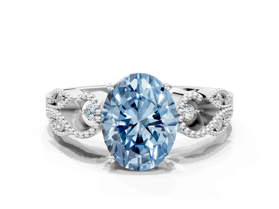 White gold Fancy Blue Oval Cut Solitaire Milgrain Leaf Band with Prong Setting_12