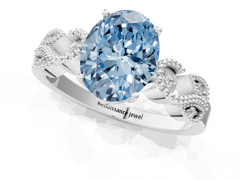 White gold Fancy Blue Oval Cut Solitaire Milgrain Leaf Band with Prong Setting_13