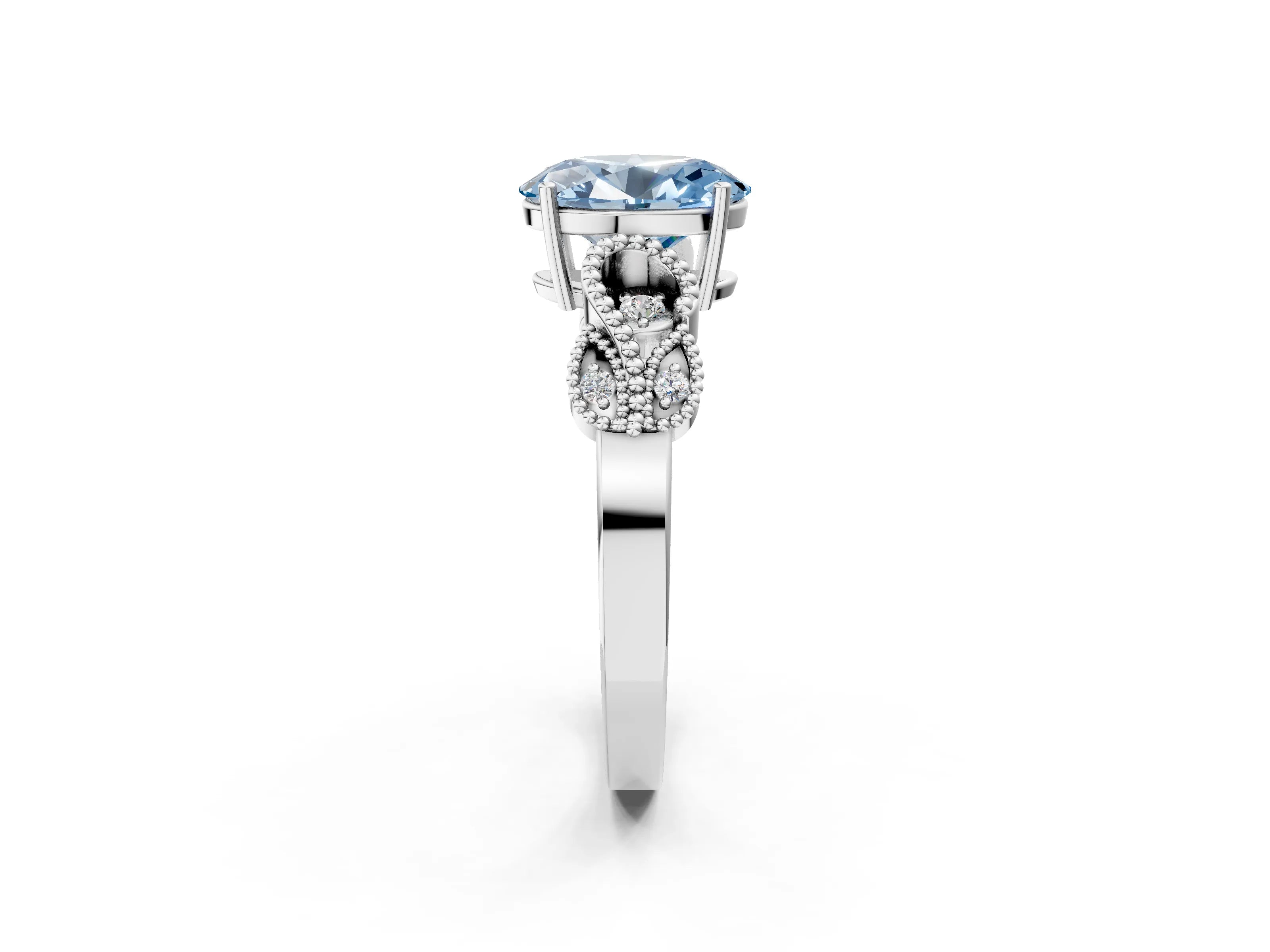 White gold Fancy Blue Oval Cut Solitaire Milgrain Leaf Band with Prong Setting_14