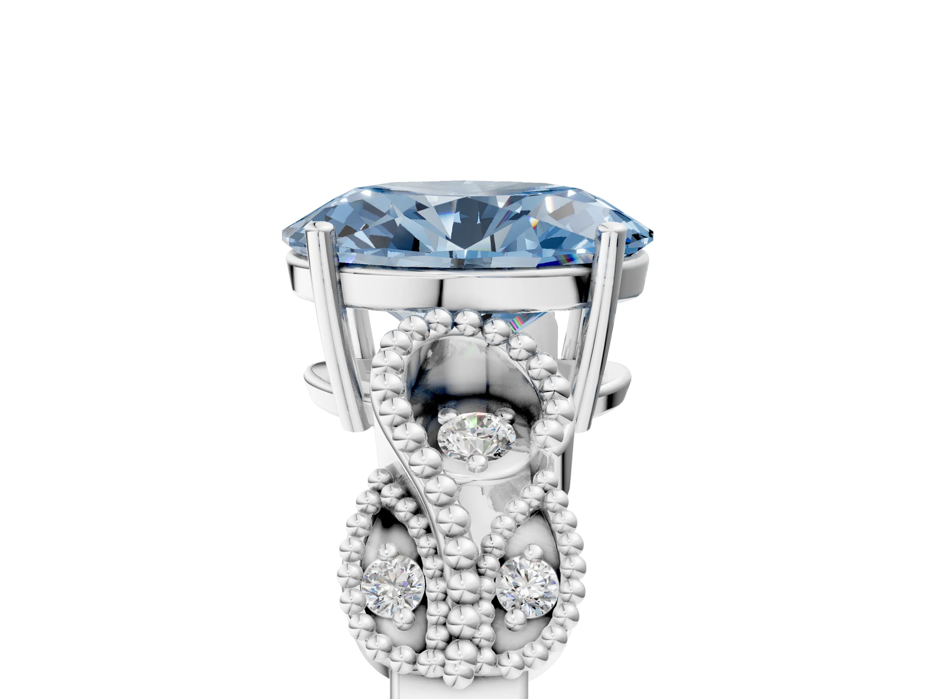 White gold Fancy Blue Oval Cut Solitaire Milgrain Leaf Band with Prong Setting_5