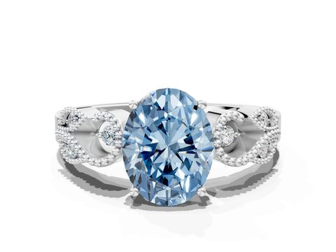 White gold Fancy Blue Oval Cut Solitaire Milgrain Leaf Band with Prong Setting