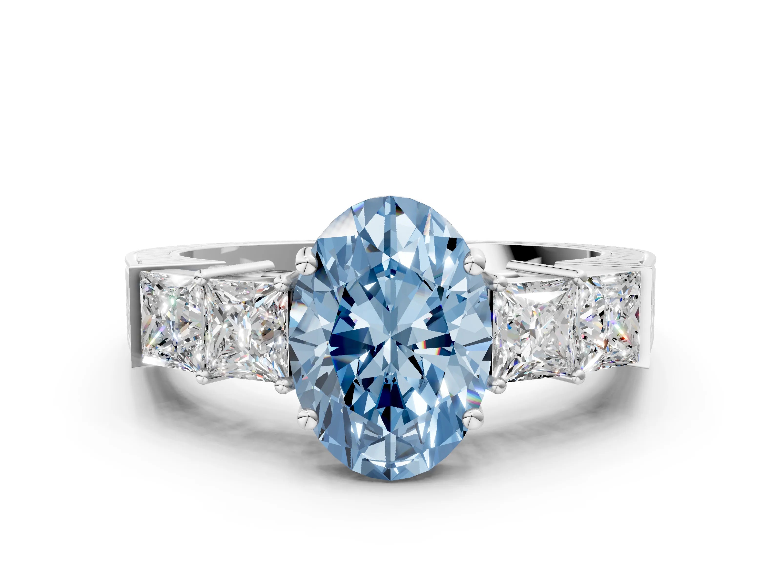 White gold Fancy Blue Oval Cut Solitaire Princess Side Stone Engraved Band Prong Setting Ring_12