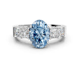 White gold Fancy Blue Oval Cut Solitaire Princess Side Stone Engraved Band Prong Setting Ring_12