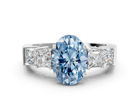 White gold Fancy Blue Oval Cut Solitaire Princess Side Stone Engraved Band Prong Setting Ring_12
