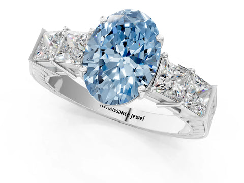 White gold Fancy Blue Oval Cut Solitaire Princess Side Stone Engraved Band Prong Setting Ring_13