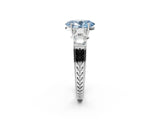 White gold Fancy Blue Oval Cut Solitaire Princess Side Stone Engraved Band Prong Setting Ring_14