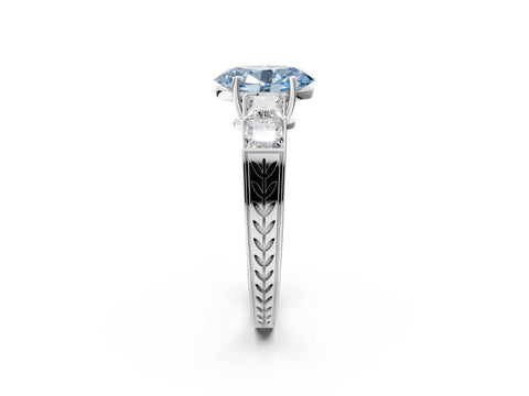 White gold Fancy Blue Oval Cut Solitaire Princess Side Stone Engraved Band Prong Setting Ring_14