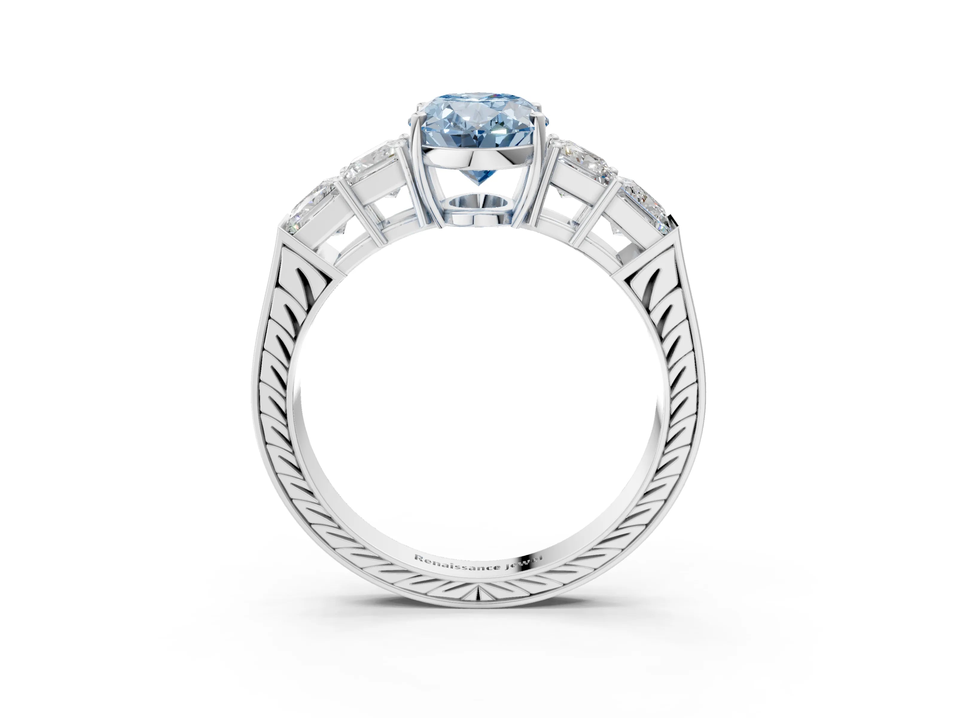 White gold Fancy Blue Oval Cut Solitaire Princess Side Stone Engraved Band Prong Setting Ring_15