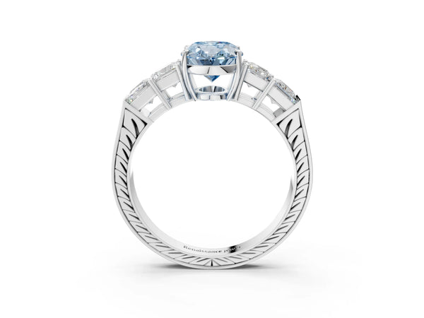 White gold Fancy Blue Oval Cut Solitaire Princess Side Stone Engraved Band Prong Setting Ring