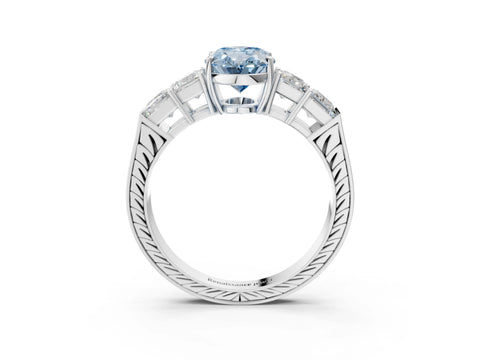 White gold Fancy Blue Oval Cut Solitaire Princess Side Stone Engraved Band Prong Setting Ring_15