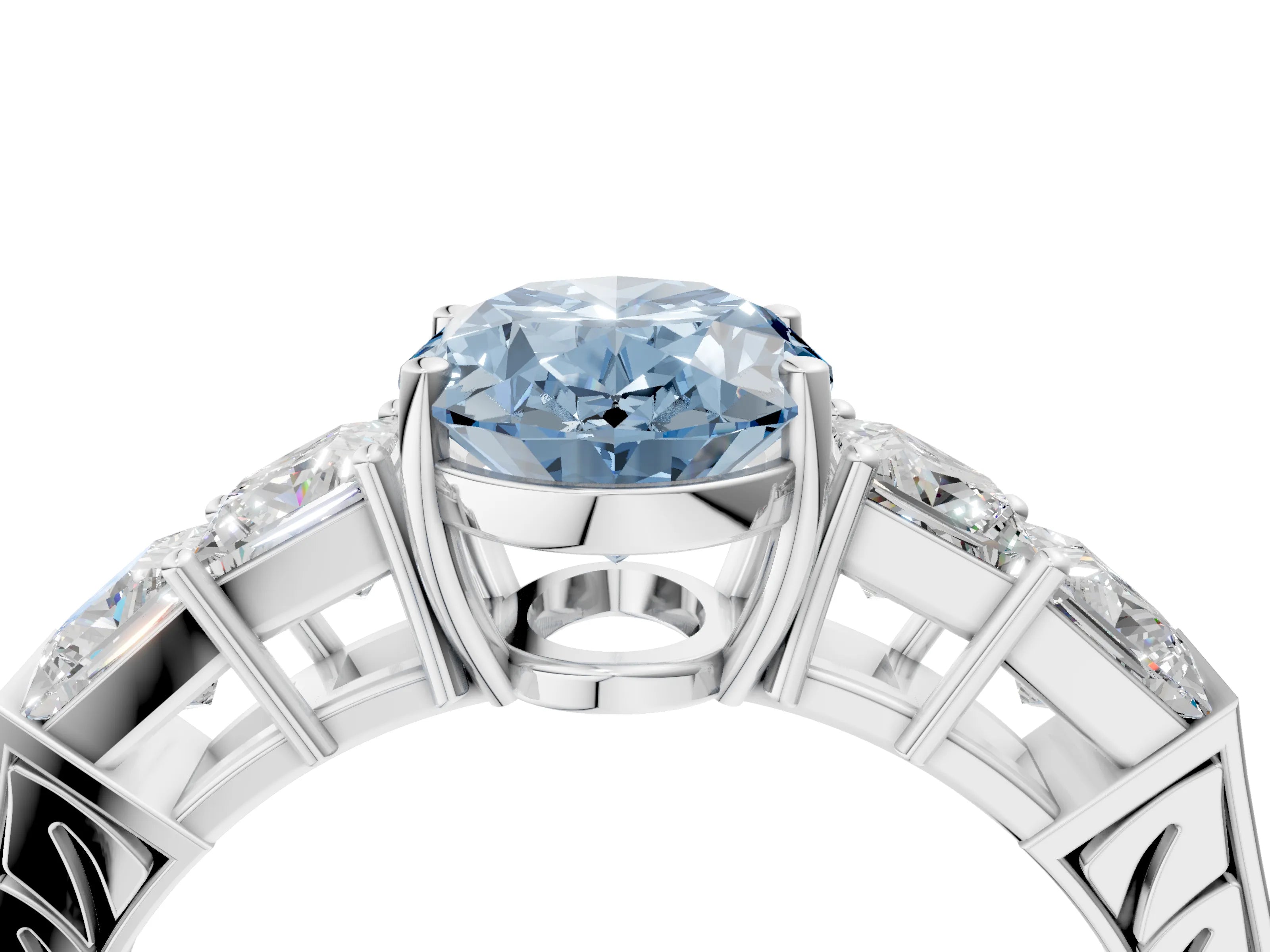 White gold Fancy Blue Oval Cut Solitaire Princess Side Stone Engraved Band Prong Setting Ring_16