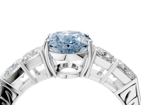 White gold Fancy Blue Oval Cut Solitaire Princess Side Stone Engraved Band Prong Setting Ring_16