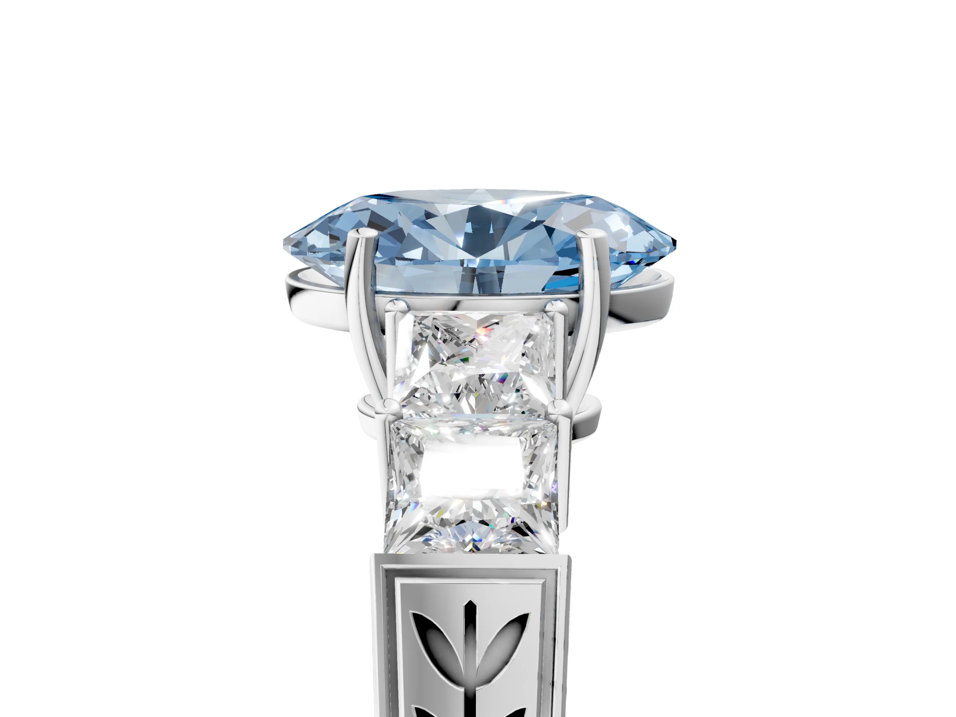 White gold Fancy Blue Oval Cut Solitaire Princess Side Stone Engraved Band Prong Setting Ring_17