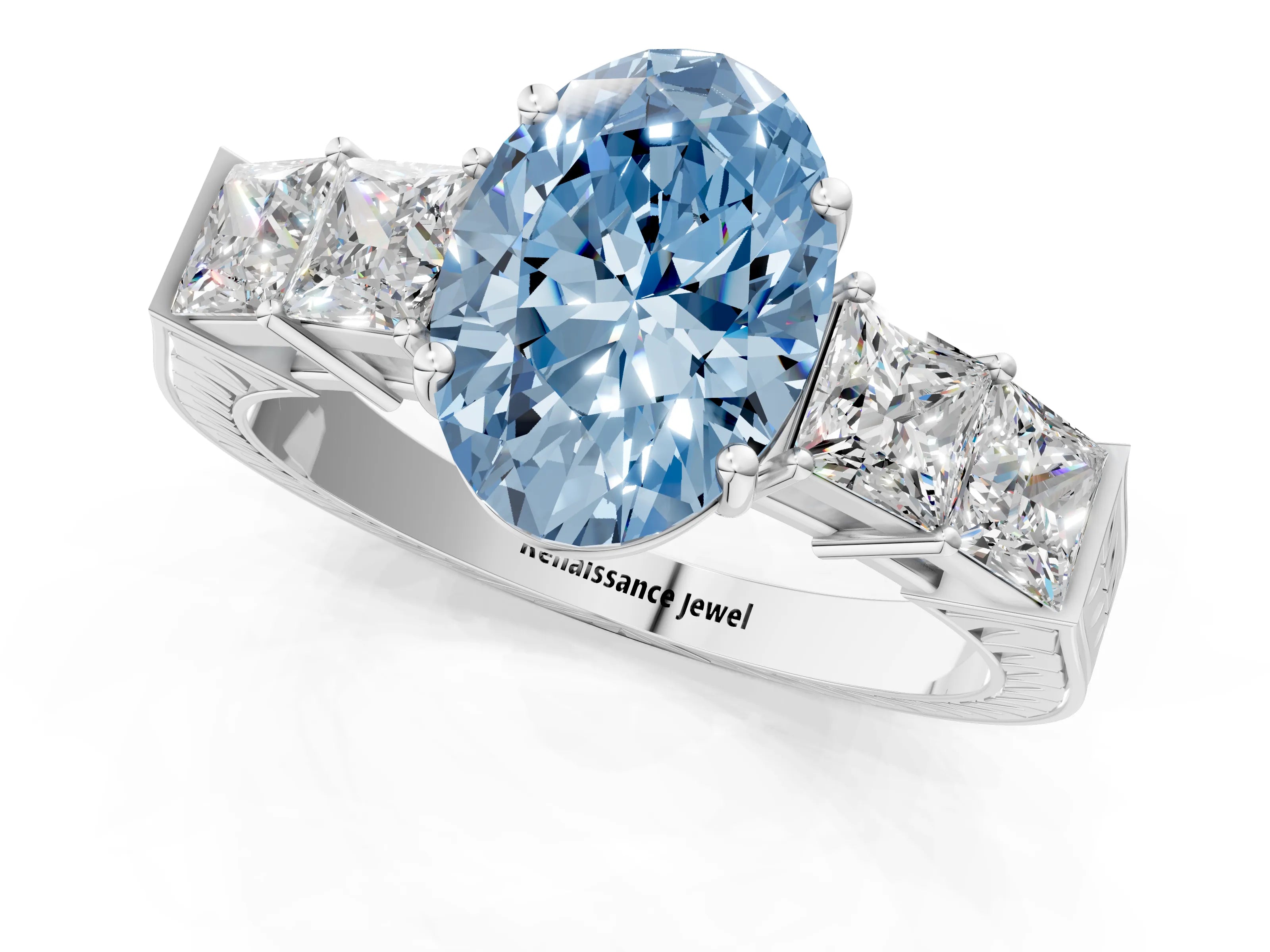 White gold Fancy Blue Oval Cut Solitaire Princess Side Stone Engraved Band Prong Setting Ring_1