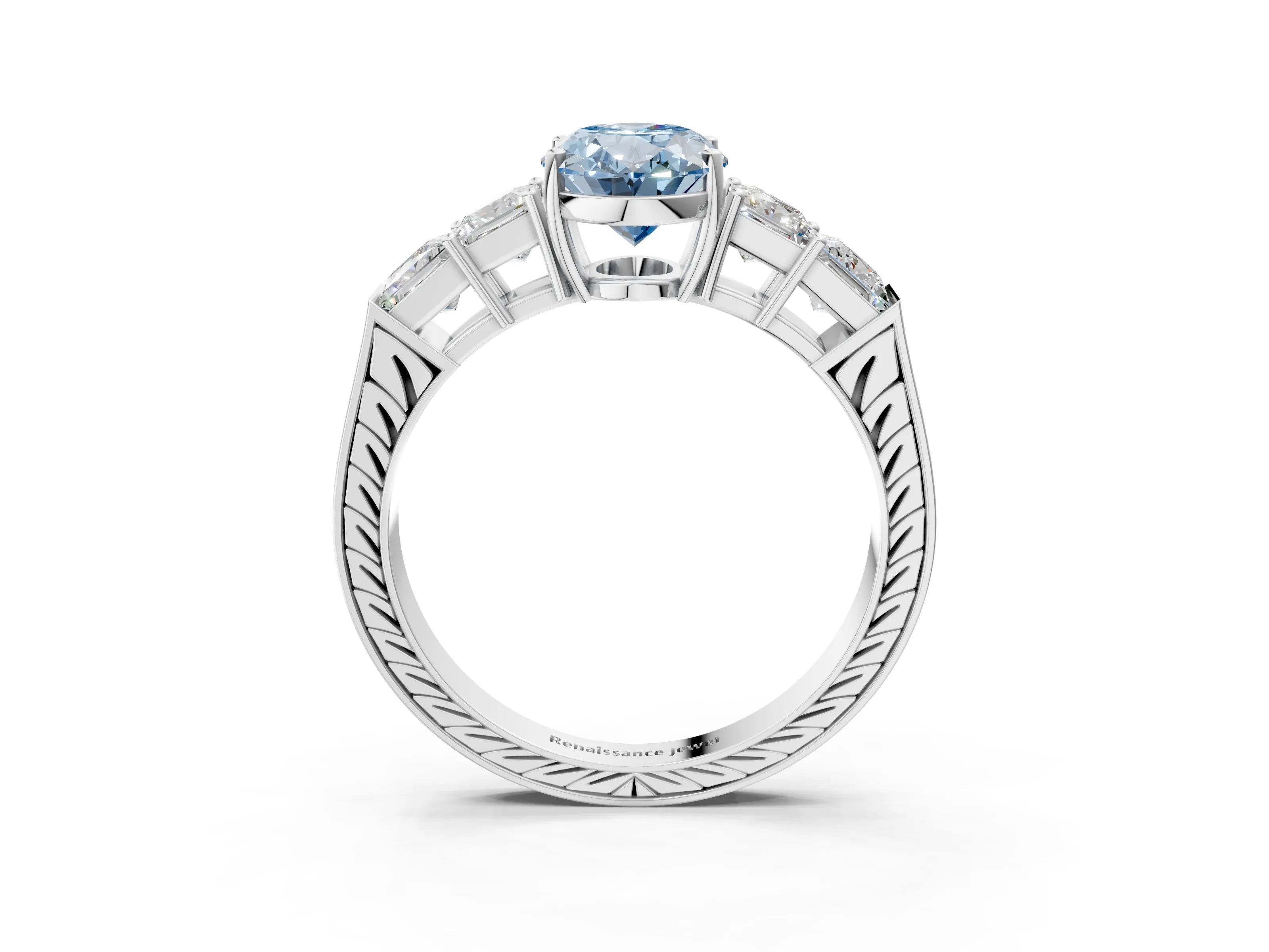 White gold Fancy Blue Oval Cut Solitaire Princess Side Stone Engraved Band Prong Setting Ring_3