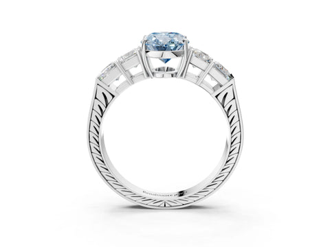 White gold Fancy Blue Oval Cut Solitaire Princess Side Stone Engraved Band Prong Setting Ring_3