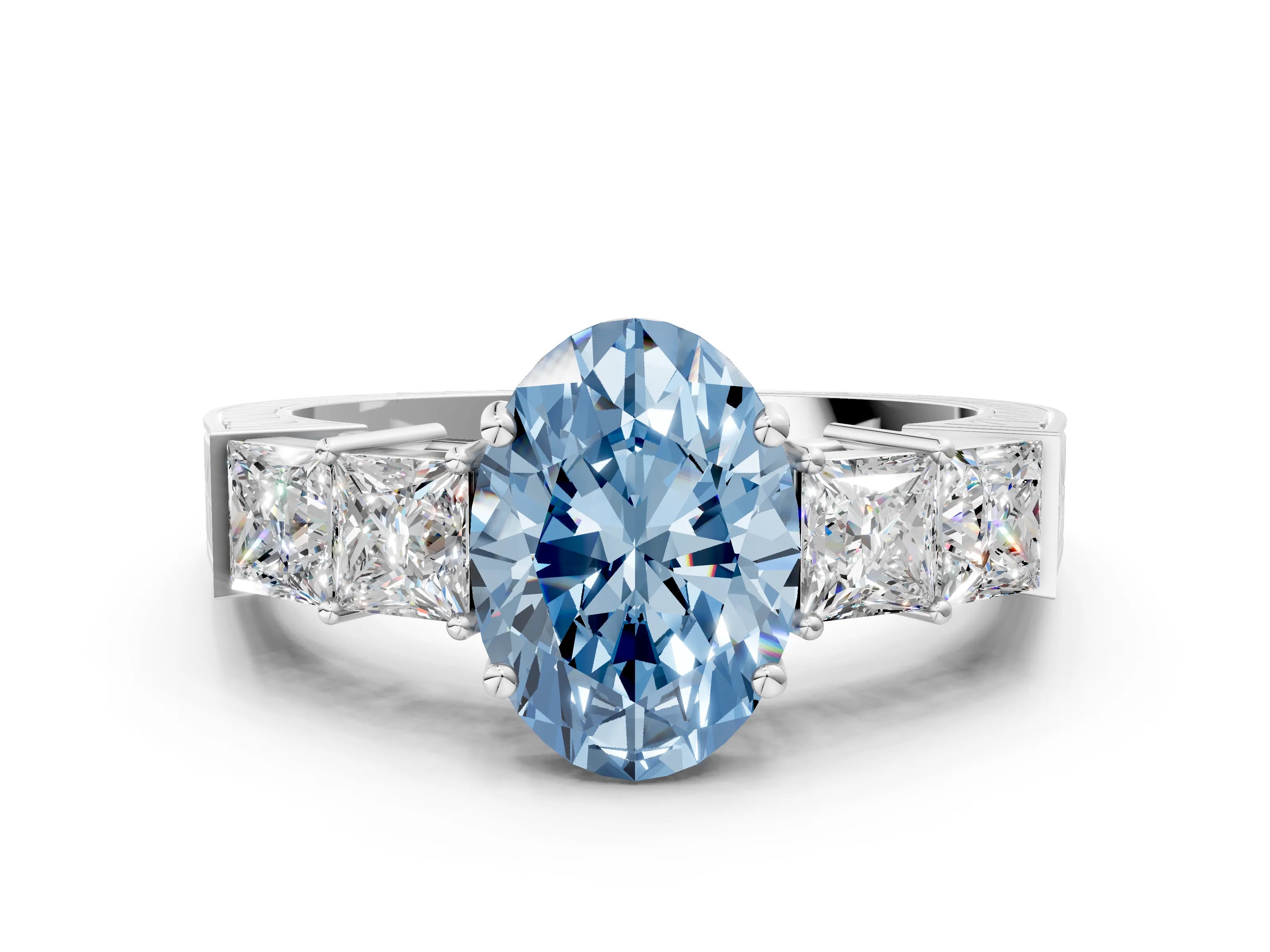 White gold Fancy Blue Oval Cut Solitaire Princess Side Stone Engraved Band Prong Setting Ring