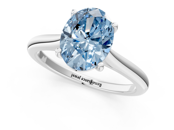 White gold Fancy Blue Oval  Cut Solitaire Ring with Cathedral Band and Four-Prong Setting