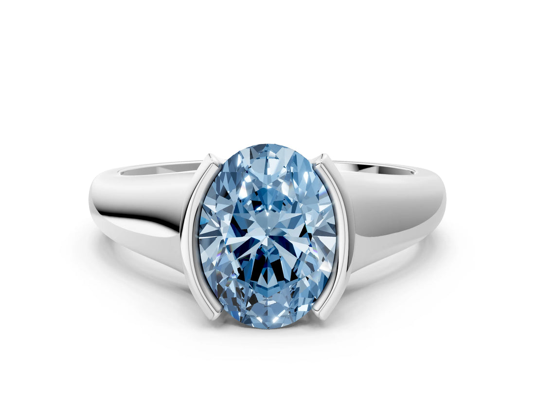 White gold Fancy Blue Oval Cut Solitaire Tension Set Diamond Ring with Split Shank Band_24