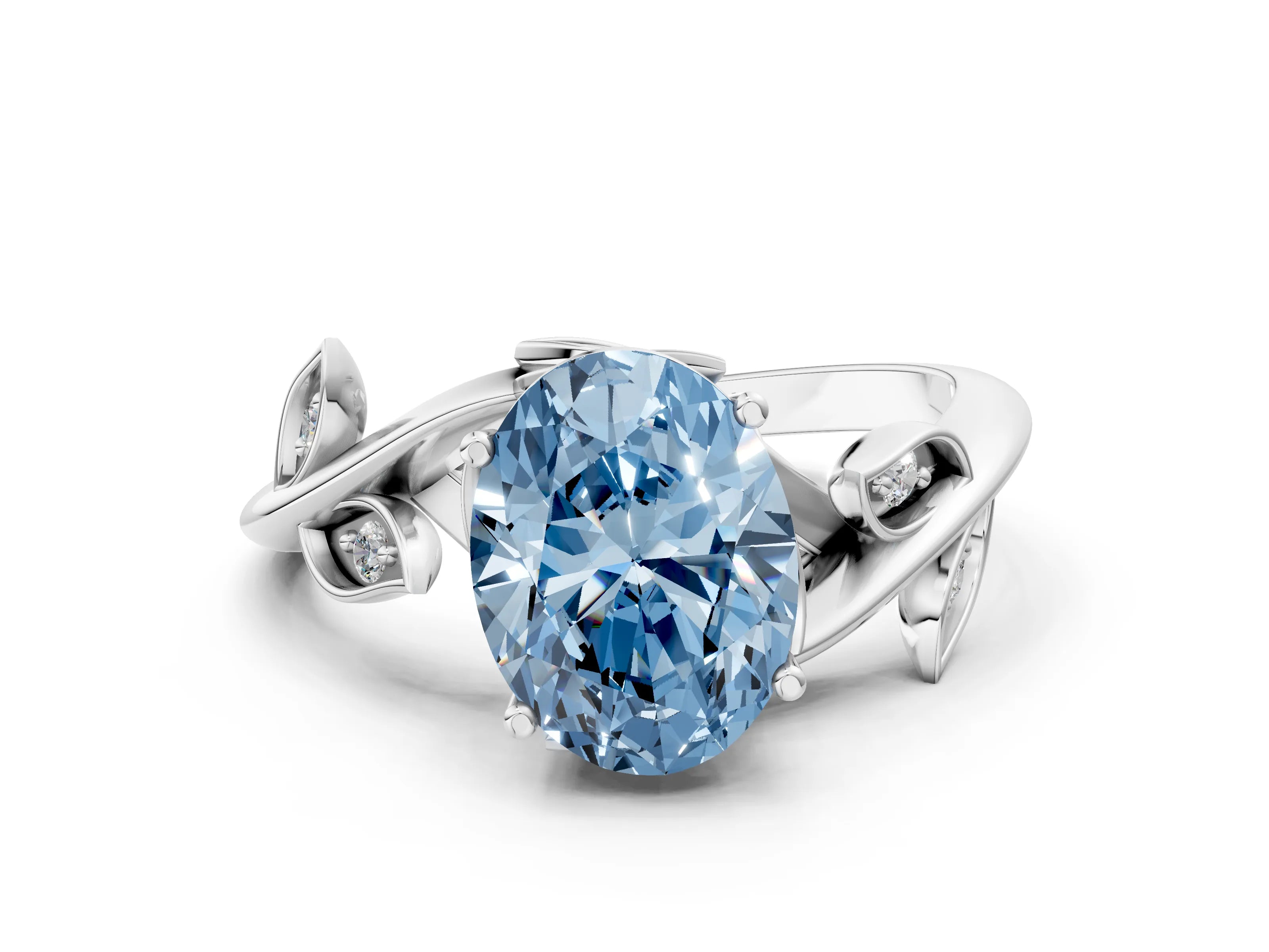 White gold Fancy Blue Oval Cut Solitaire Twist Engagement Ring with Leaf Accents and Prong Setting_12