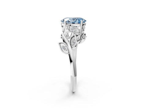White gold Fancy Blue Oval Cut Solitaire Twist Engagement Ring with Leaf Accents and Prong Setting_14
