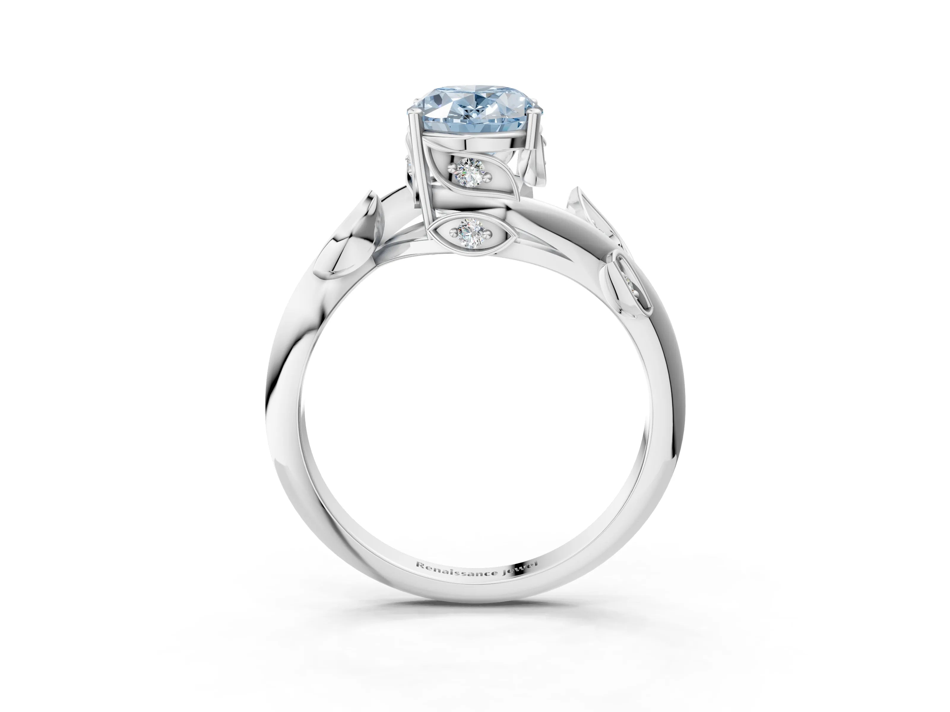 White gold Fancy Blue Oval Cut Solitaire Twist Engagement Ring with Leaf Accents and Prong Setting_15