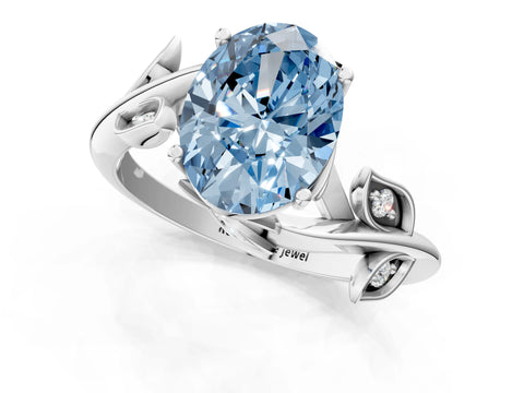 White gold Fancy Blue Oval Cut Solitaire Twist Engagement Ring with Leaf Accents and Prong Setting_1