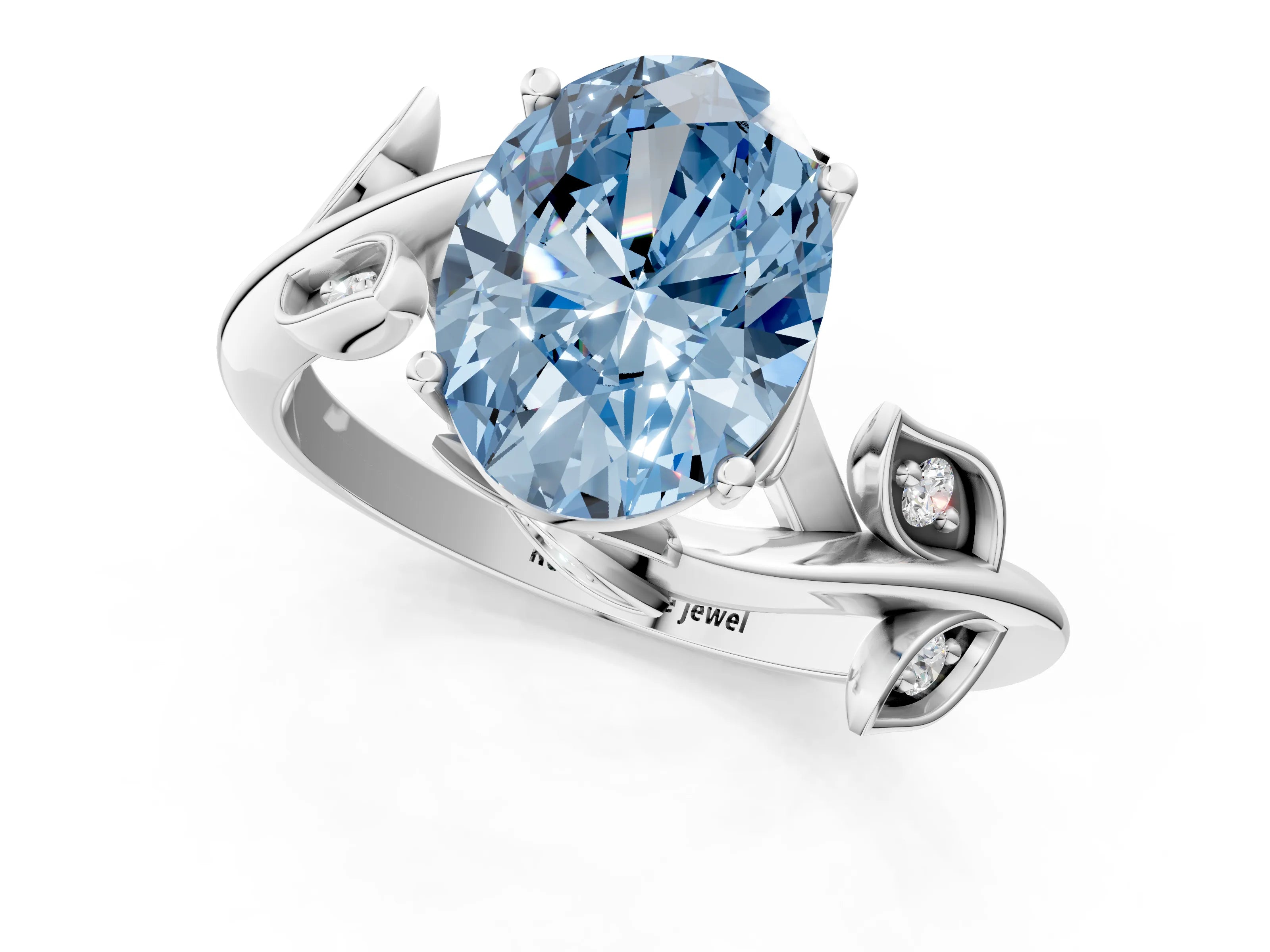 White gold Fancy Blue Oval Cut Solitaire Twist Engagement Ring with Leaf Accents and Prong Setting_1