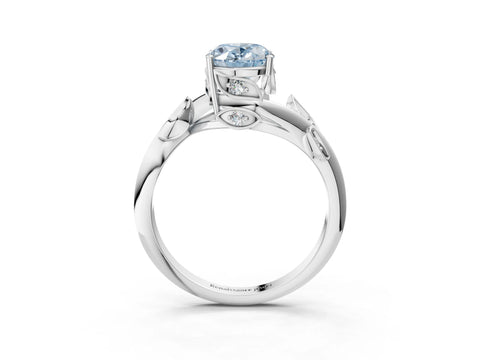 White gold Fancy Blue Oval Cut Solitaire Twist Engagement Ring with Leaf Accents and Prong Setting_3