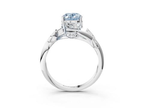 White gold Fancy Blue Oval Cut Solitaire Twist Engagement Ring with Leaf Accents and Prong Setting_3