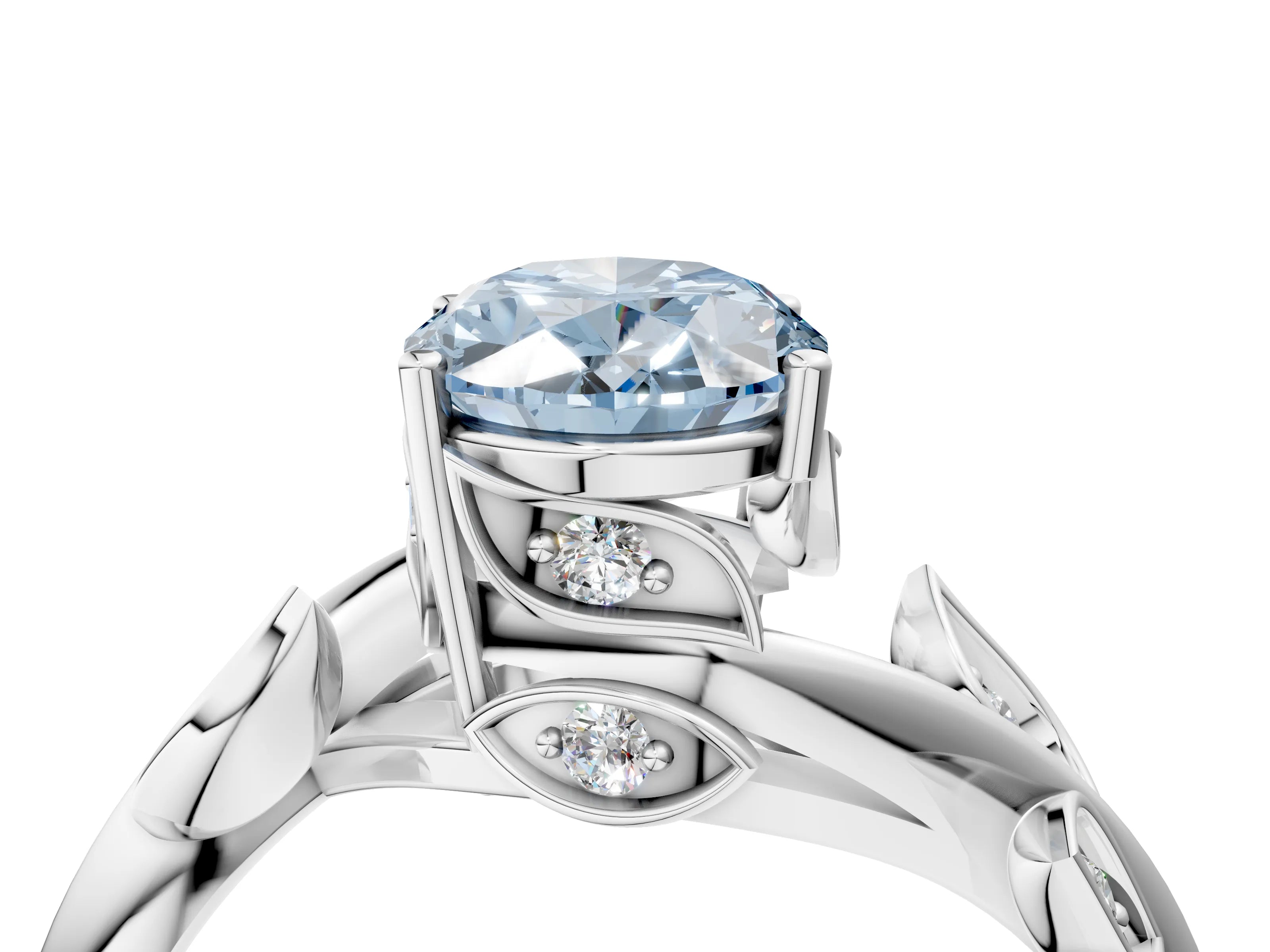 White gold Fancy Blue Oval Cut Solitaire Twist Engagement Ring with Leaf Accents and Prong Setting_4