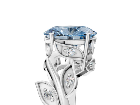 White gold Fancy Blue Oval Cut Solitaire Twist Engagement Ring with Leaf Accents and Prong Setting_5