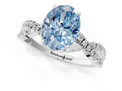 White gold Fancy Blue Oval Cut Solitaire Twist Pave Diamond Engagement Ring with Prong Setting_1