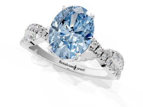 White gold Fancy Blue Oval Cut Solitaire Twist Pave Diamond Engagement Ring with Prong Setting_1