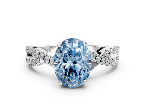 White gold Fancy Blue Oval Cut Solitaire Twist Pave Diamond Engagement Ring with Prong Setting