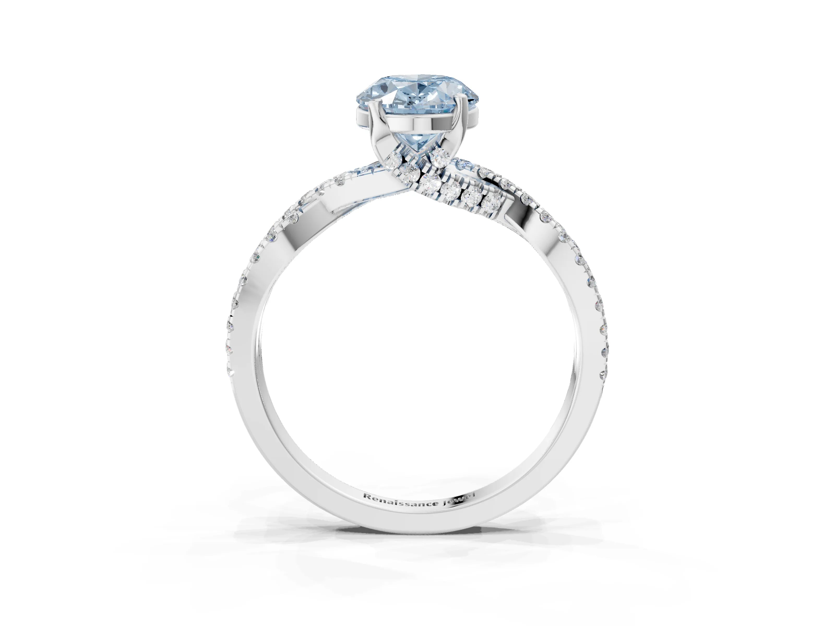 White gold Fancy Blue Oval Cut Solitaire Twist Pave Diamond Engagement Ring with Prong Setting_3