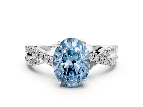 White gold Fancy Blue Oval Cut Solitaire Twist Pave Diamond Engagement Ring with Prong Setting