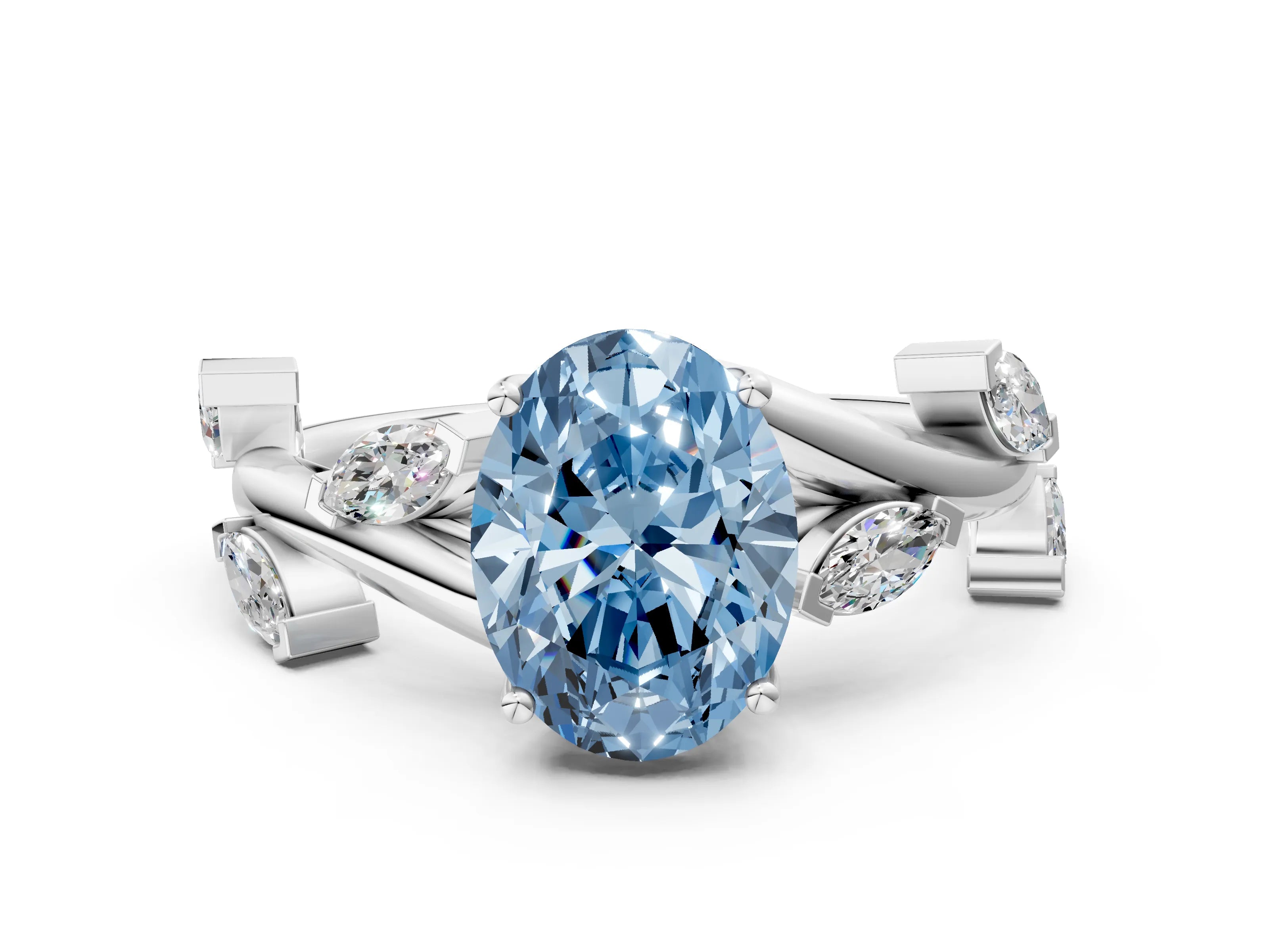 White gold Fancy Blue Oval Cut Solitaire Twisted Band Marquise Accent Prong Setting Ring