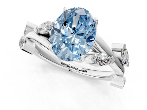 White gold Fancy Blue Oval Cut Solitaire Twisted Band Marquise Accent Prong Setting Ring_1