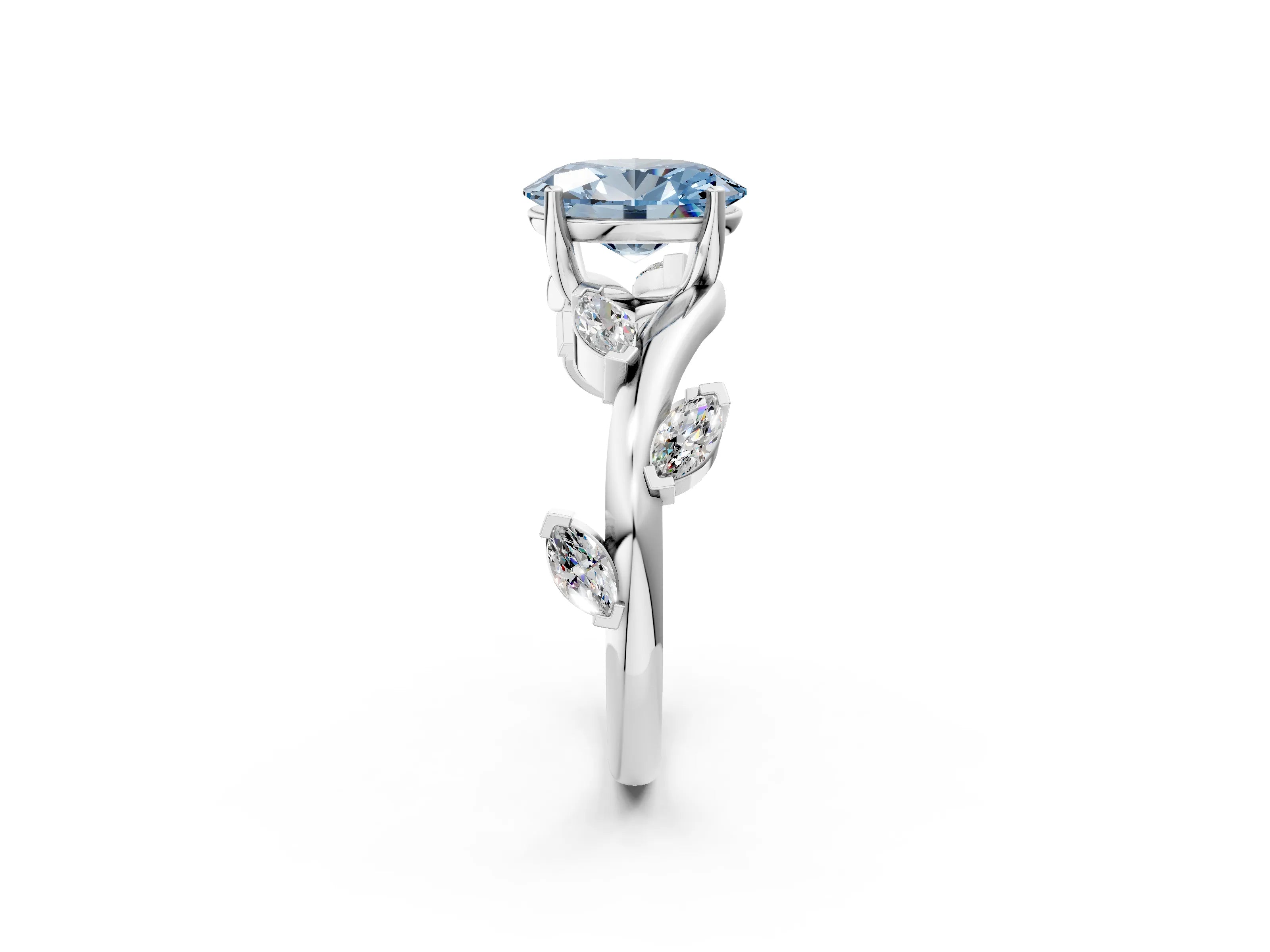 White gold Fancy Blue Oval Cut Solitaire Twisted Band Marquise Accent Prong Setting Ring_2