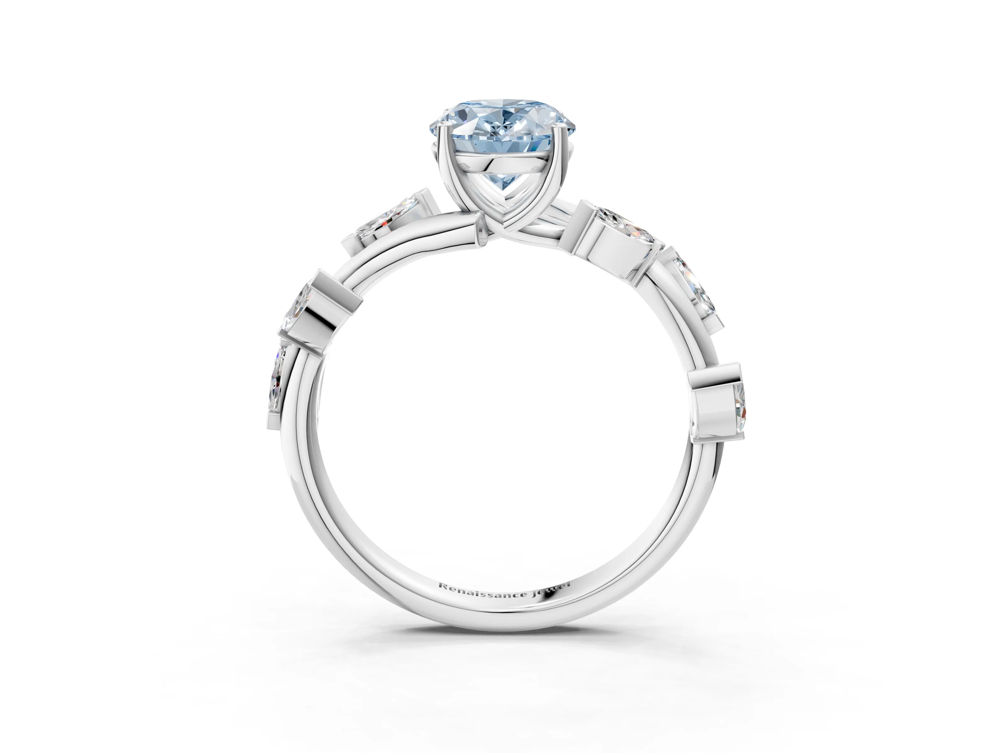White gold Fancy Blue Oval Cut Solitaire Twisted Band Marquise Accent Prong Setting Ring_3