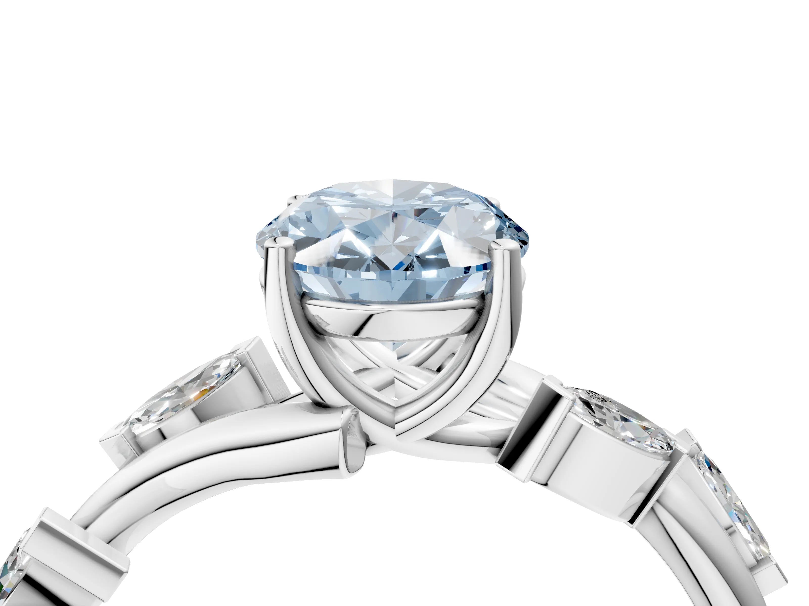 White gold Fancy Blue Oval Cut Solitaire Twisted Band Marquise Accent Prong Setting Ring_4