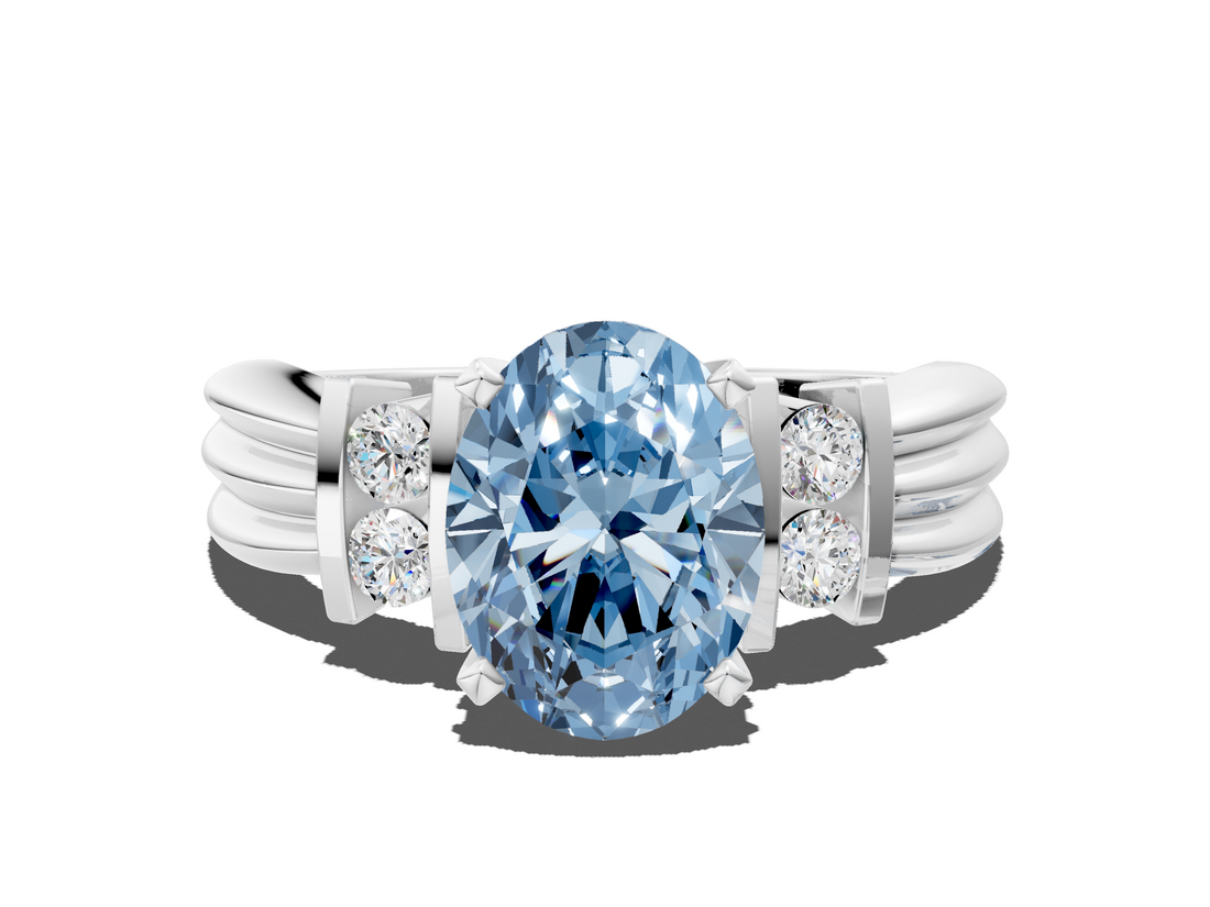 White gold Fancy Blue Oval  Cut Three-Stone Channel Set Ring with Bar Prongs_80