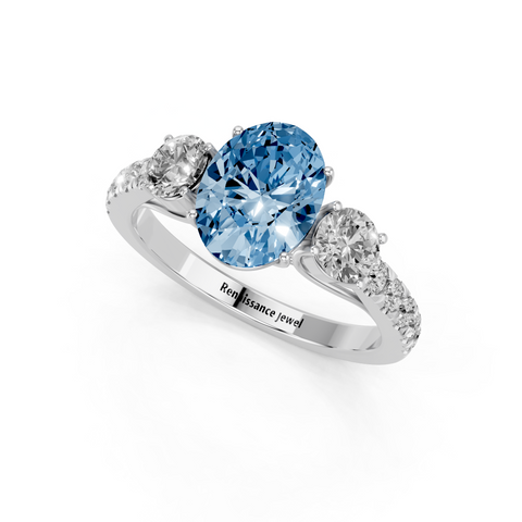 White gold Fancy Blue Oval  Cut Three-Stone Diamond Pave Band with Prong Setting_3