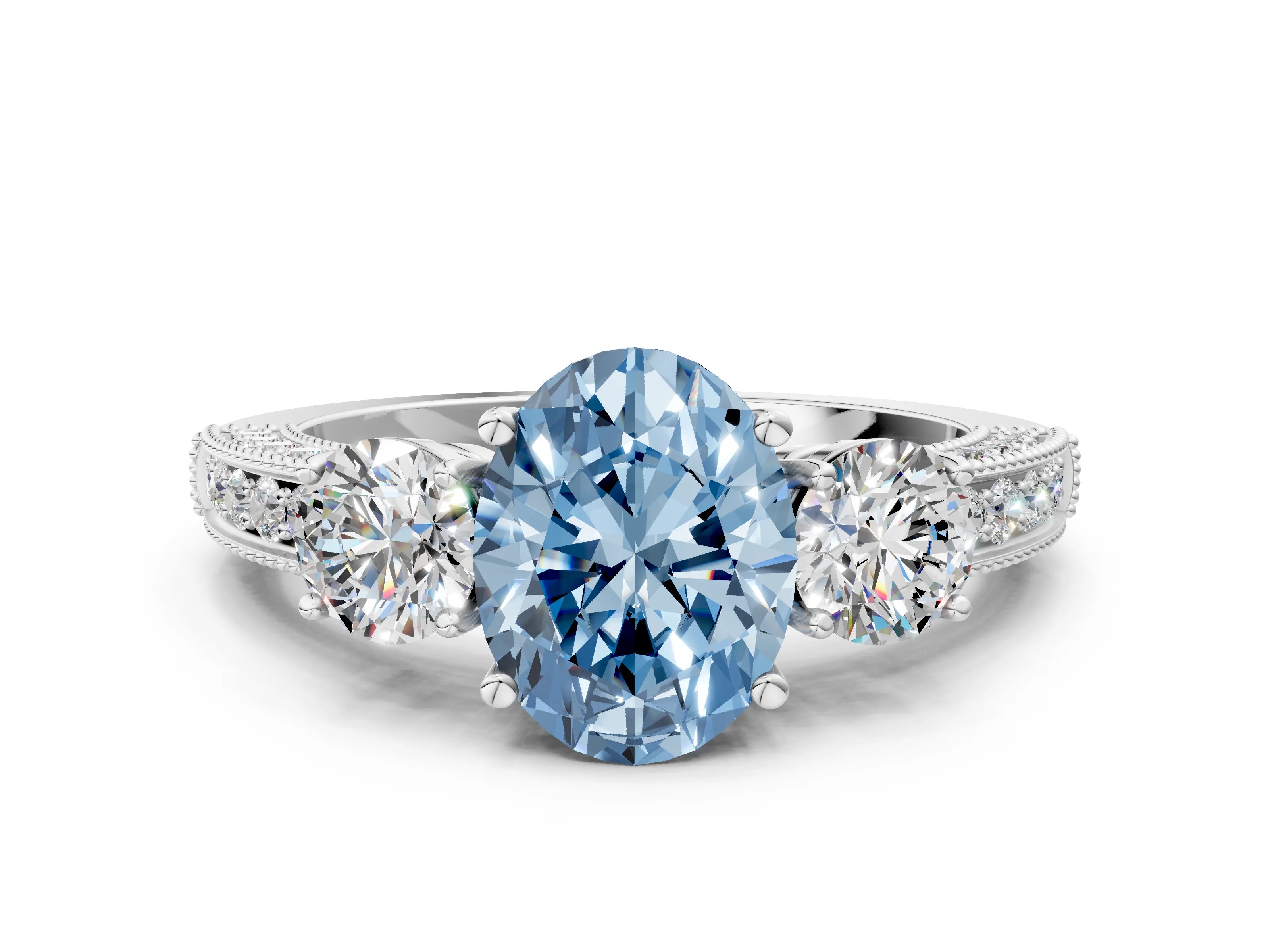 White gold Fancy Blue Oval Cut Three-Stone Diamond Ring with Pavé Band and Four-Prong Setting_12