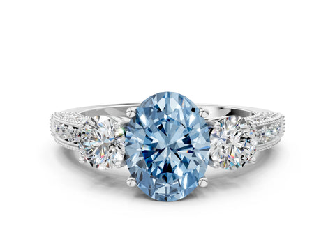 White gold Fancy Blue Oval Cut Three-Stone Diamond Ring with Pavé Band and Four-Prong Setting_12