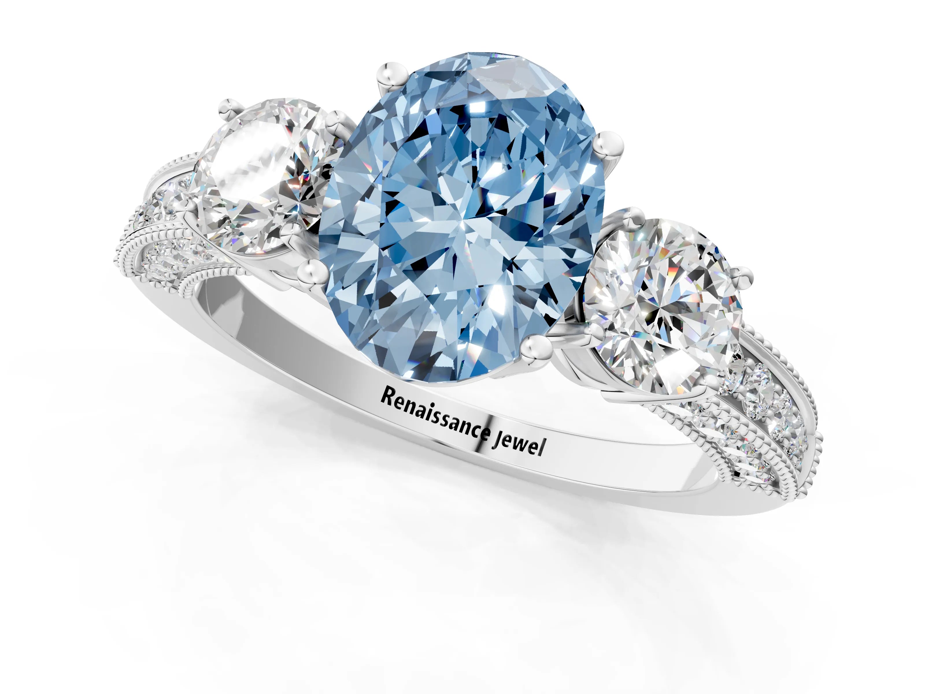 White gold Fancy Blue Oval Cut Three-Stone Diamond Ring with Pavé Band and Four-Prong Setting_13