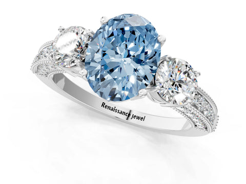 White gold Fancy Blue Oval Cut Three-Stone Diamond Ring with Pavé Band and Four-Prong Setting_13