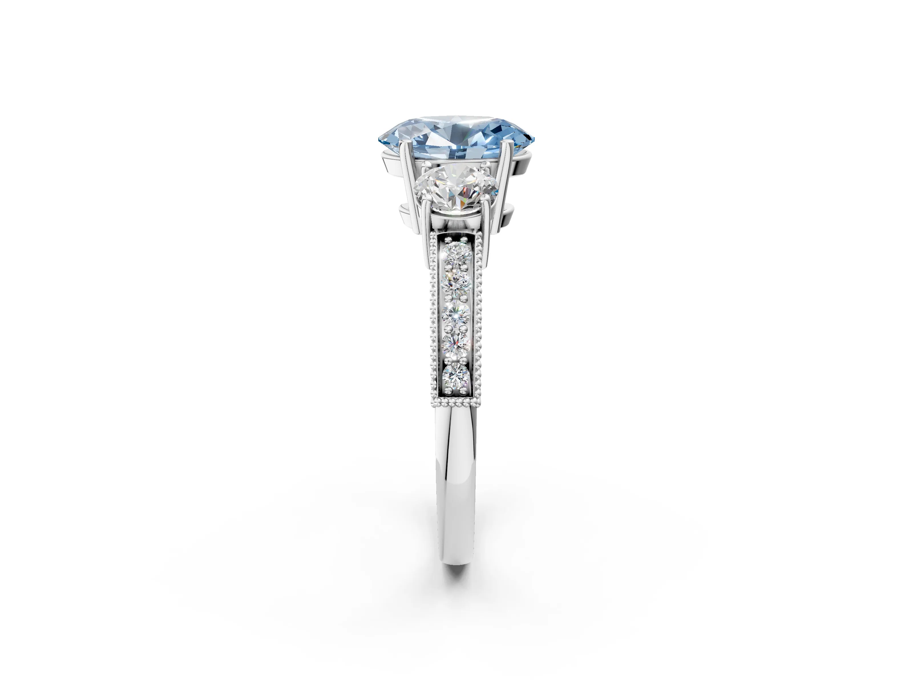 White gold Fancy Blue Oval Cut Three-Stone Diamond Ring with Pavé Band and Four-Prong Setting_14